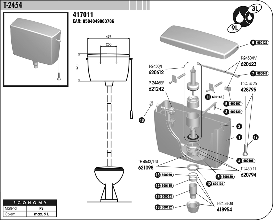 splachovacia nádržka T 2454 závesná horná  417011 - WC, plavaky a vyp. zariadenia | MasMasaryk