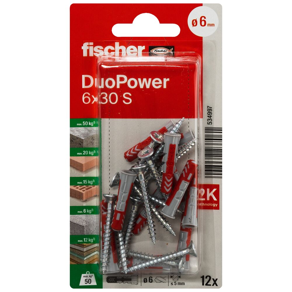 Fischer hmoždinka  6 x 30 S so skrutkou DuoPower v blistri 534997 - hmoždinky, nity,kotvy,strmene | MasMasaryk